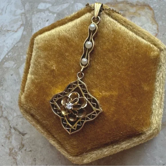 Antique Victorian Lavalier Diamond Pearl Pendant Necklace - Picture 5 of 7